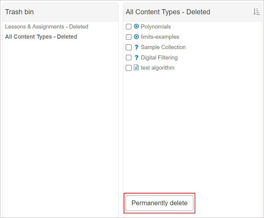 Deleted pane open, Permanently delete button is at the bottom of the Deleted pane.